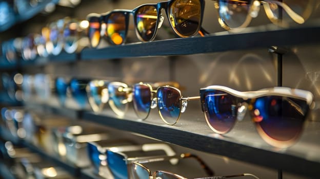 A row of sunglasses are displayed on a shelf in the store