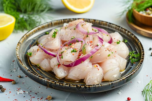 Sugudai, a traditional dish of peoples of the North, made from raw fish, with onions, vinegar, vegetable oil, salt, peppercorns, bay leaves, served on the table with lemon and dill.