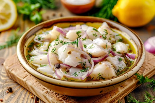 Sugudai, a traditional dish of peoples of the North, made from raw fish, with onions, vinegar, vegetable oil, salt, peppercorns, bay leaves, served on the table with lemon and dill.