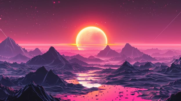 A sunset over a mountain range with some water and mountains