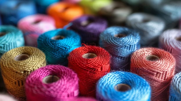 A close up of a bunch of spools with different colors