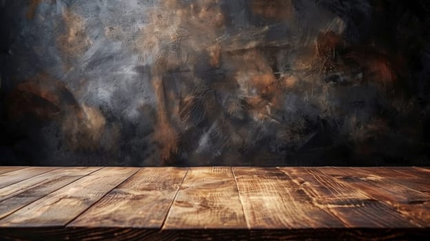 Wooden table with black background and dark wall