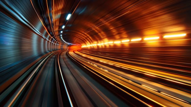 A train going through a tunnel with lights on the tracks
