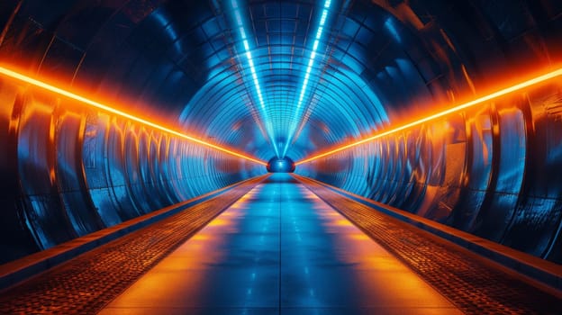 A tunnel with bright lights and a blue light at the end