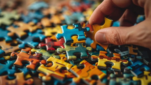 A hand picking up a piece of puzzle from the pile