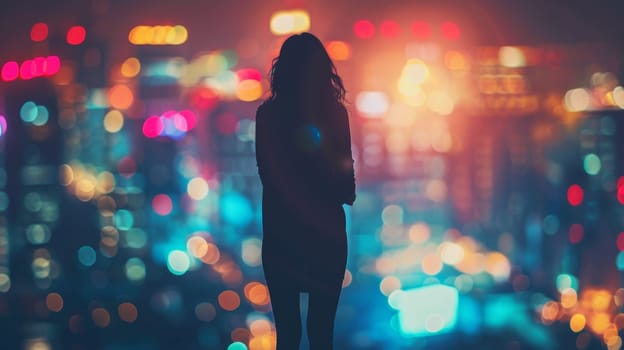 A woman standing in front of a cityscape with lights