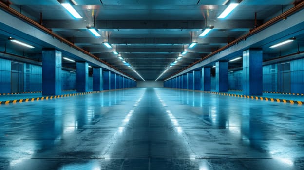 A long hallway with blue walls and lights on the ceiling