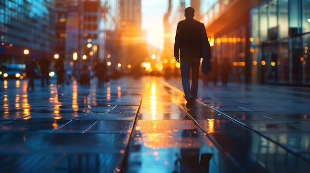 A man walking down a city street with the sun setting behind him