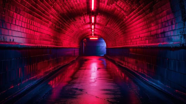 A long dark tunnel with red lights and a sign