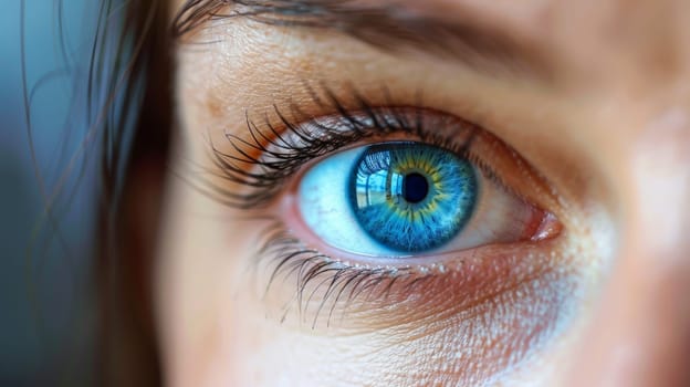 A close up of a woman's eye with blue iris