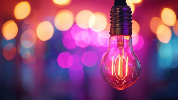A light bulb hanging from a string of lights in front of blurry background
