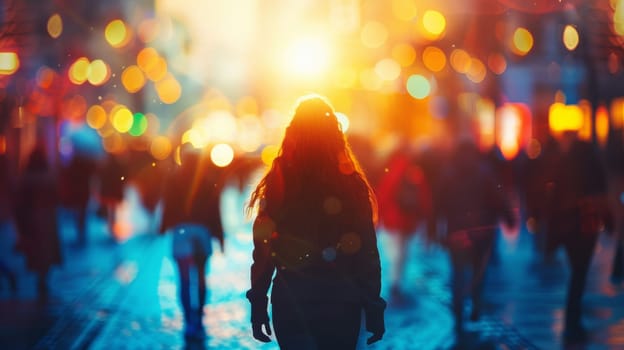 A woman walking down a street with many people around her