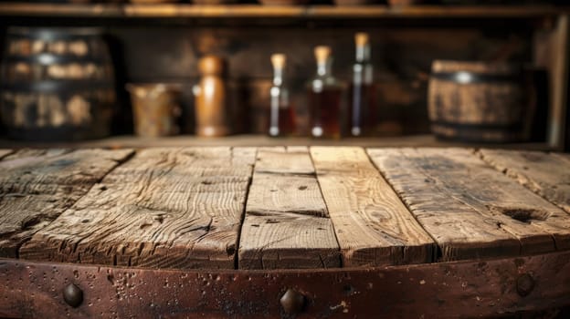 A wooden table with a rustic look in the background