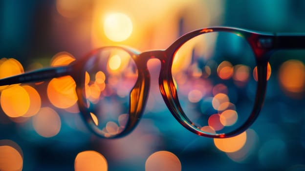 A close up of a pair of glasses sitting on top of some blurry lights