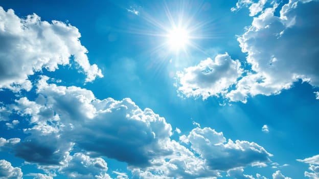 A bright sun shining through a blue sky with clouds