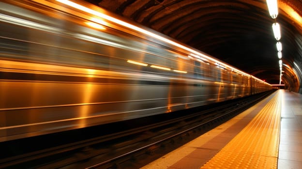 A train is moving through a tunnel at night