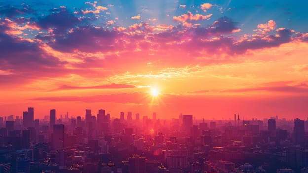 A city skyline with sun setting behind it and a bright orange sky