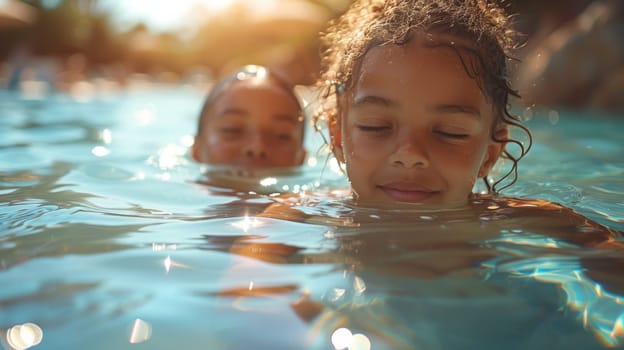 Two children swimming in a pool together with their eyes closed