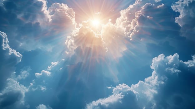 A bright sun shining through a cloud filled sky