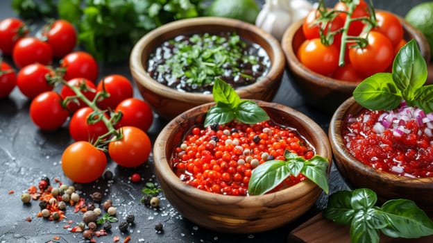 A table with bowls of tomatoes, basil and other vegetables