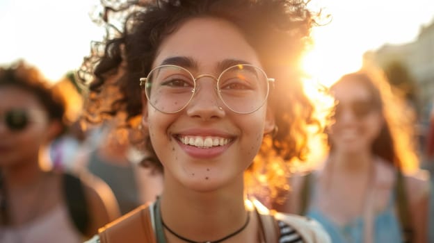 A woman with glasses smiling in a group of people
