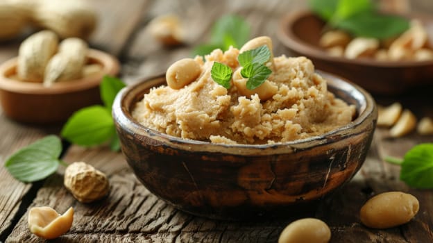 A bowl of peanut butter with a spoon and some leaves