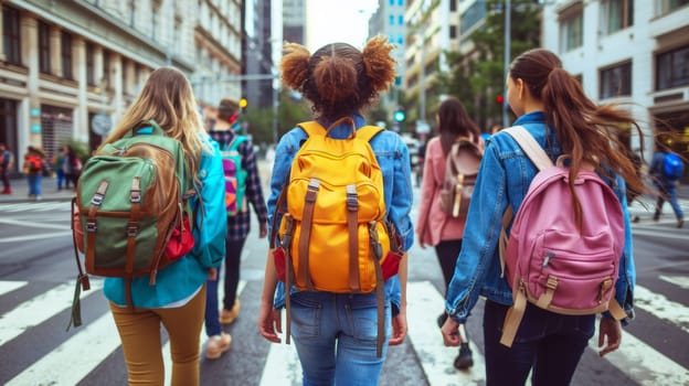 A group of young women with backpacks crossing a street