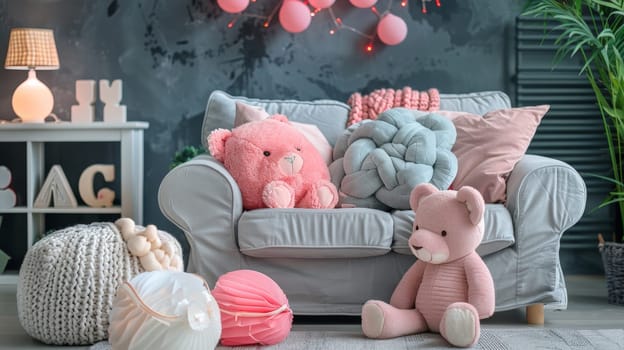 A grey couch with pink and white pillows, a teddy bear on the chair