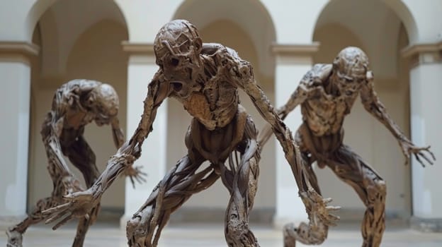 Three statues of human-like creatures are shown in a courtyard