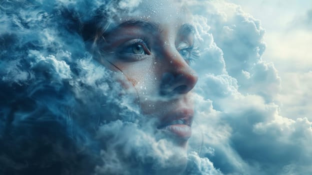A woman with a cloud of hair and eyes in the sky