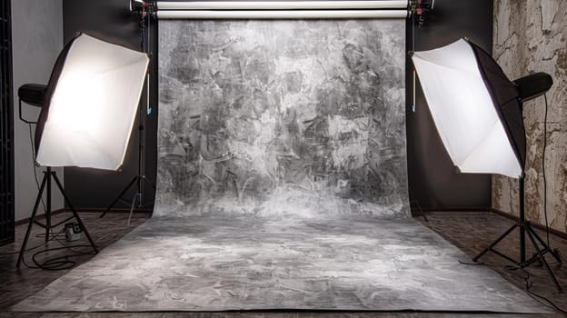 A photo studio with a gray background and two lights