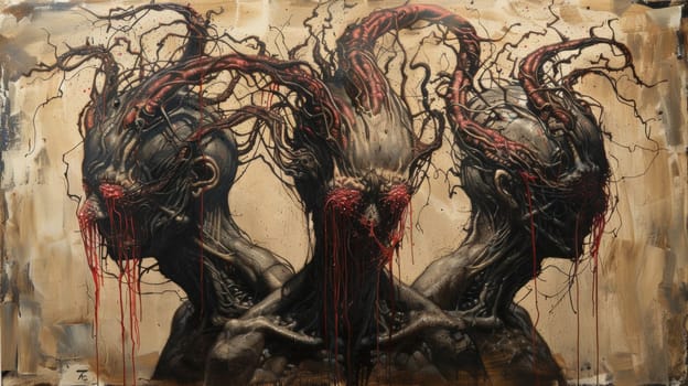 A painting of three heads with red dripping from their eyes