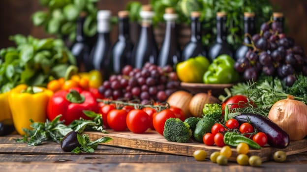 A wooden cutting board with vegetables and bottles of wine