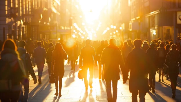 A group of people walking down a street in the sunlight