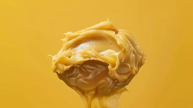 A spoon full of something that is being drizzled on a yellow background