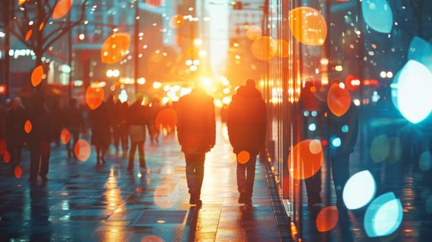 A group of people walking down a city street at night