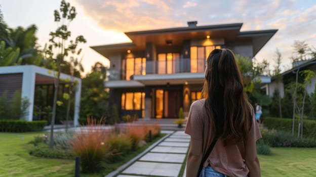 A woman walking down a path in front of an elegant home