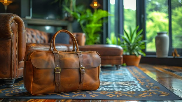 A brown leather briefcase sitting on a rug in front of an ottoman