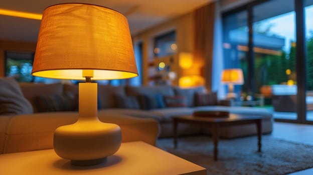 A living room with a table lamp and couch in the background