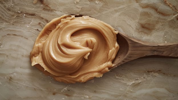 A spoon full of peanut butter on a marble counter top