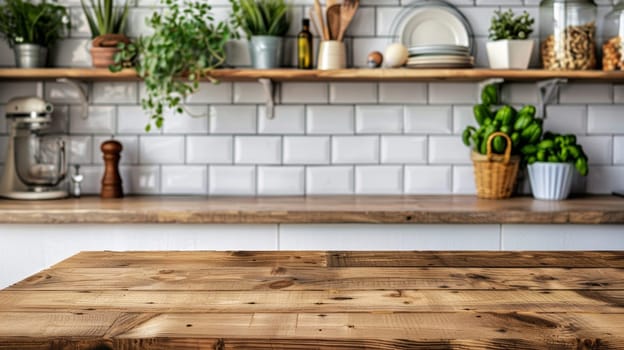 A wooden table with a bunch of plants on it in the kitchen
