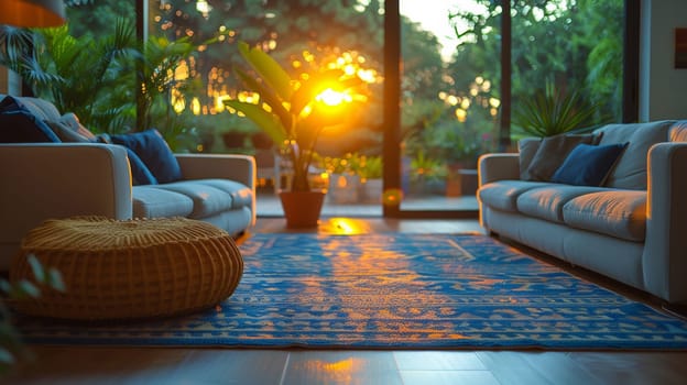 A living room with a rug and two couches in the sun