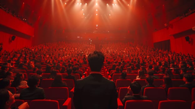 A confident man addresses a crowded auditorium, capturing their attention with his powerful words as he stands poised and engaging.