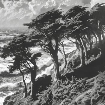 Majestic trees dance in the wind along the serene ocean shore in a captivating black and white scene.
