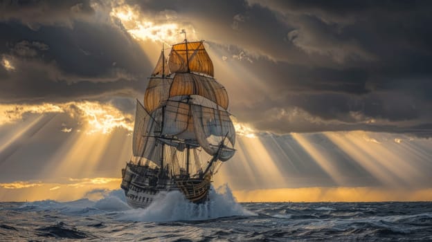 A classic schooner gracefully sails through rough ocean waters under a dramatic cloudy sky, showcasing the power and beauty of nature.