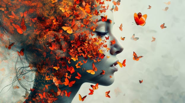 A woman with a butterfly face and orange hair