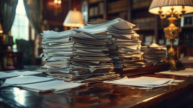 A towering stack of papers dominates the rustic wooden desk, creating an impressive display of work and information.
