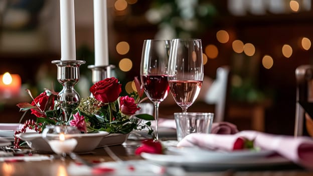 Festive table setting with cutlery, candles and beautiful red flowers in a vase.