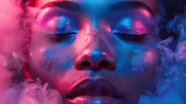 A woman with blue and pink makeup is surrounded by smoke