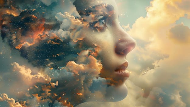 A woman's face is shown in a cloud filled sky